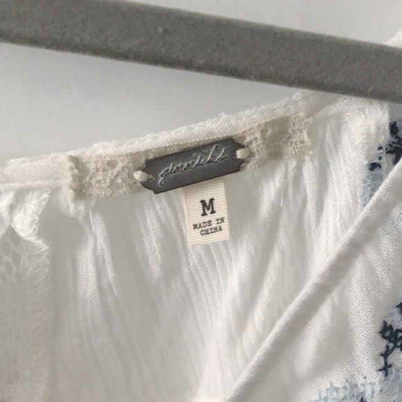 White Floral Lace Blue Embroidered Peasant Top - Picture 3 of 5